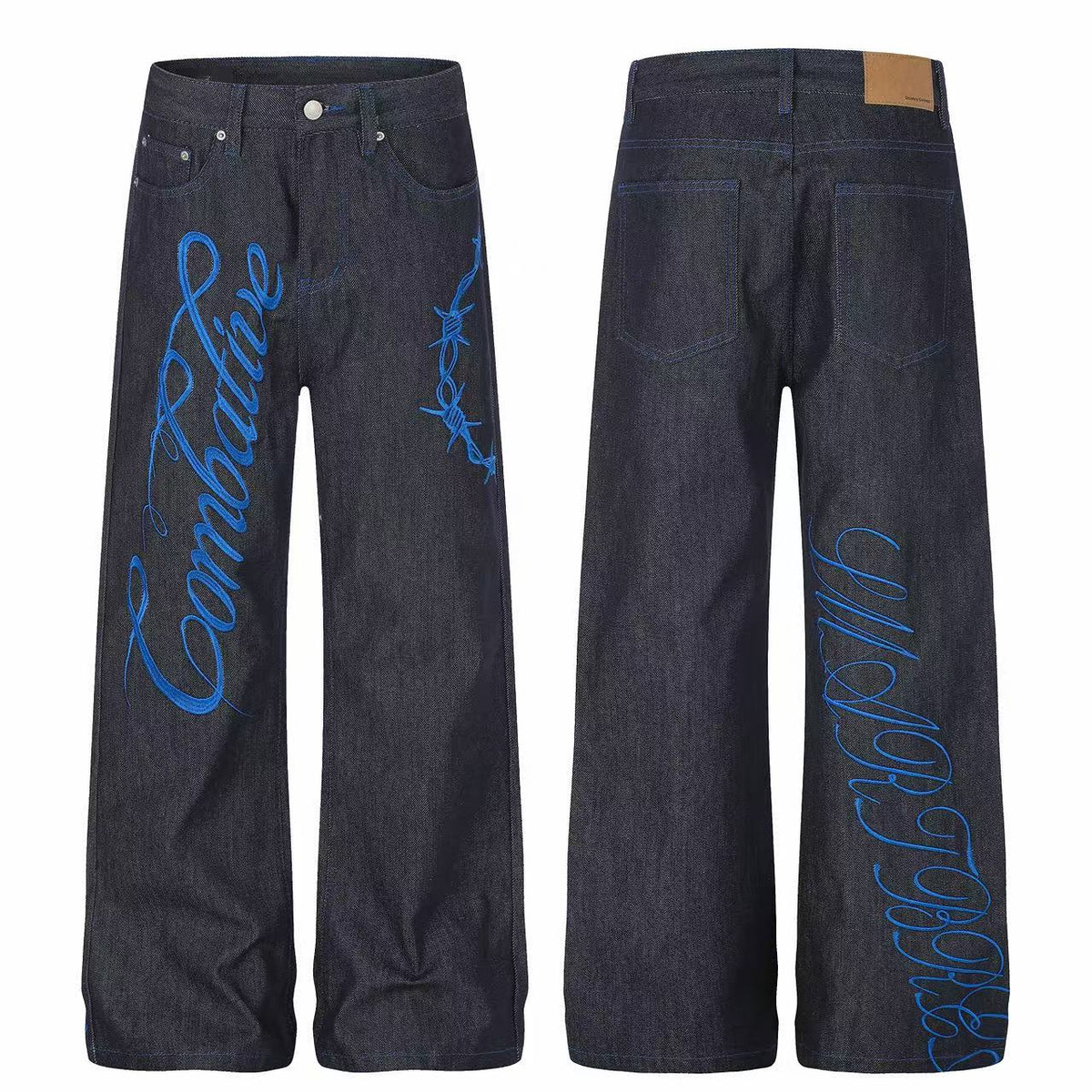 Omirad Blue Script Embroidered Wide-Leg Jeans