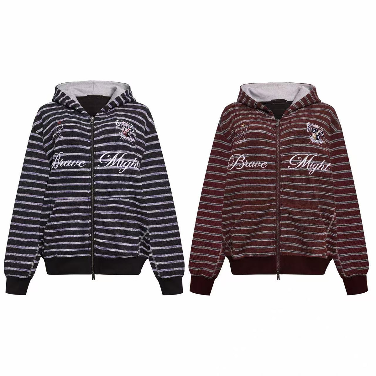 Omirad Striped Crest Embroidered Zip-Up Hoodie