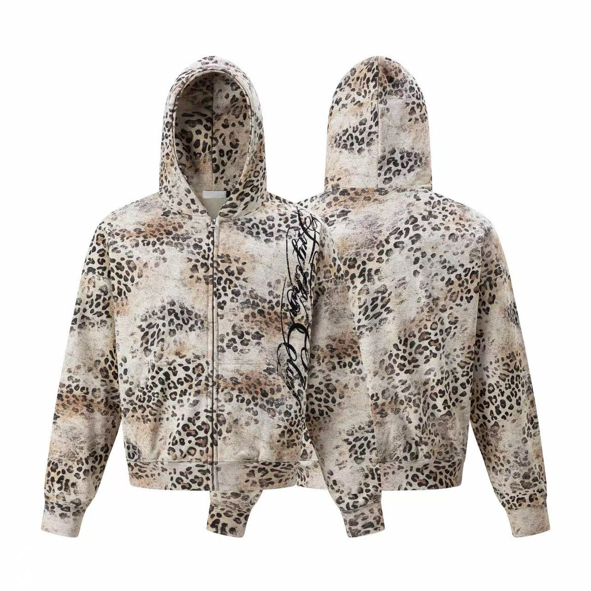 Omirad Washed Leopard Script Zip-Up Hoodie