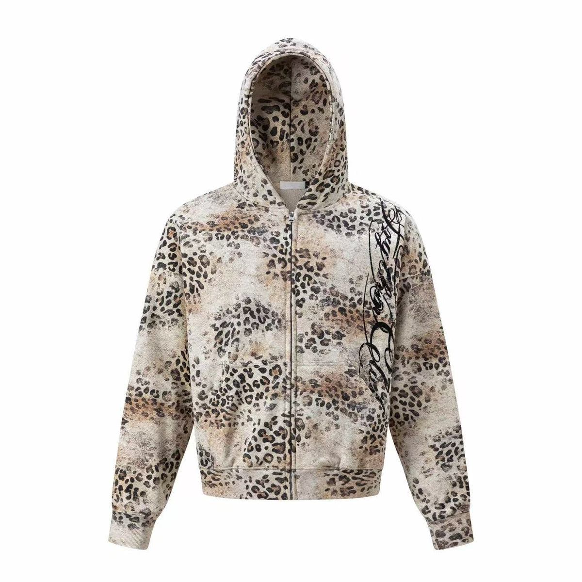 Omirad Washed Leopard Script Zip-Up Hoodie
