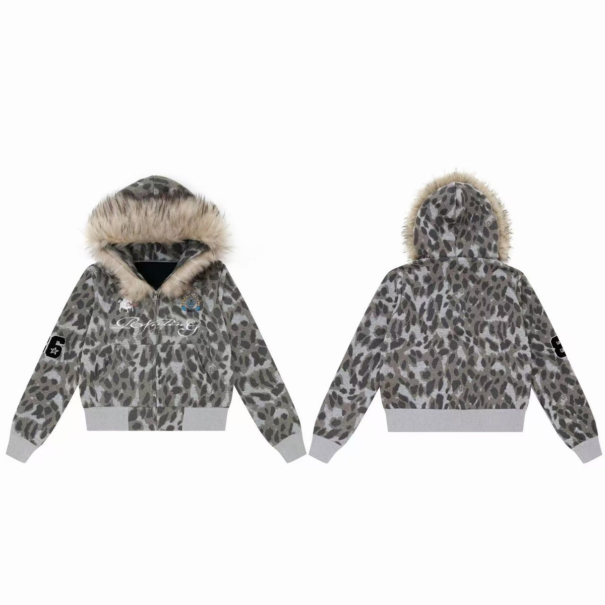 Omirad Leopard Fur-Trim Graphic Zip-Up Hoodie