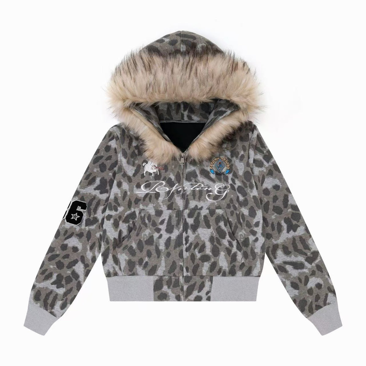 Omirad Leopard Fur-Trim Graphic Zip-Up Hoodie