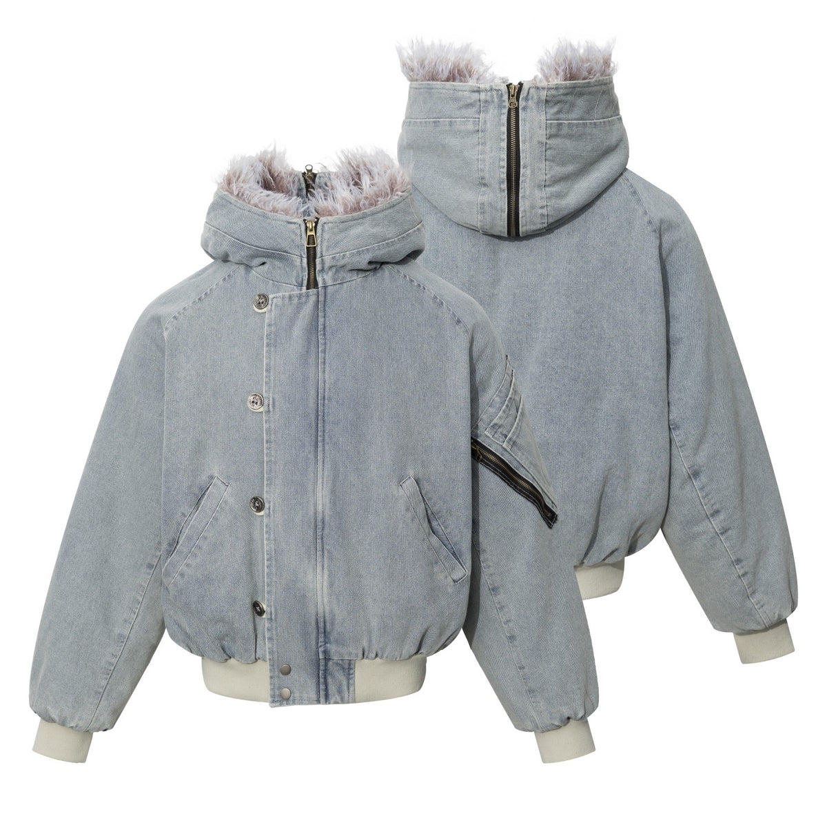 Omirad Faux Fur Collar Washed Denim Bomber Jacket