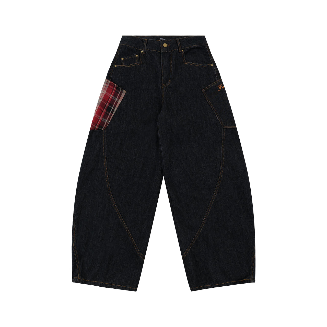 Omirad Red Plaid Patch Curved Denim Pants