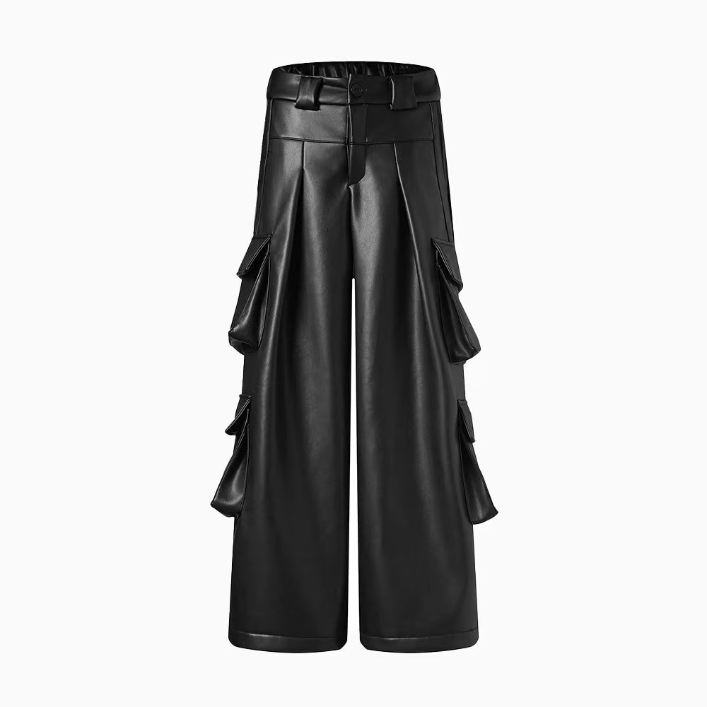 American High-Street Multi-Pocket Cargo Leather Pants