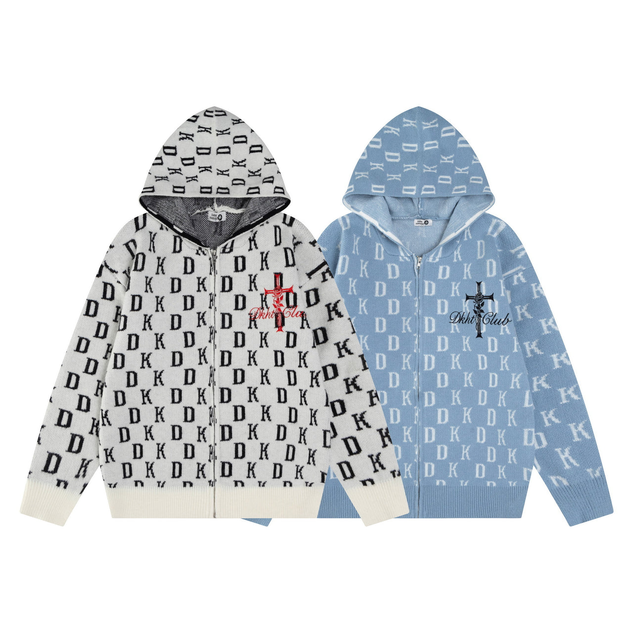 Vintage American Letter Jacquard Zip-Up Hooded Sweater