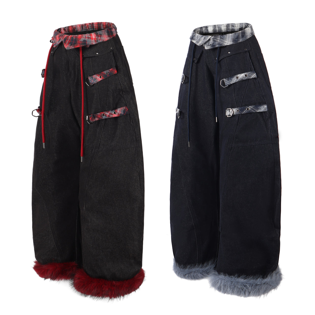 American Streetwear Plaid Patchwork Curved-Cut Jeans