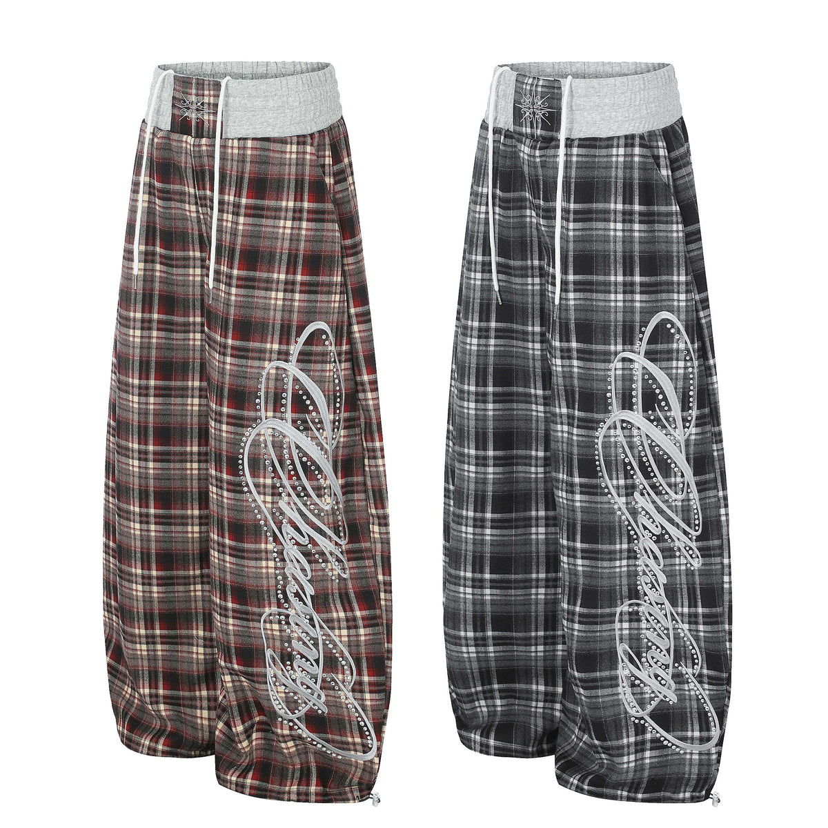 Omirad Plaid Rhinestone Script Wide-Leg Pants