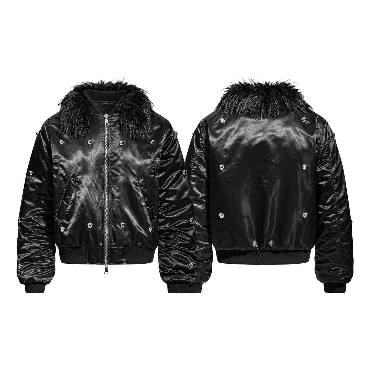 Omirad Faux Fur Collar Glossy Bomber Jacket
