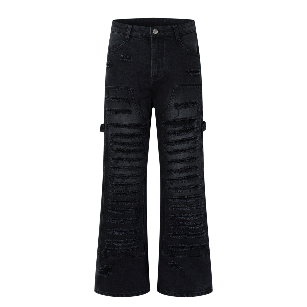 Omirad Shredded Ribbed Black Wide-Leg Jeans