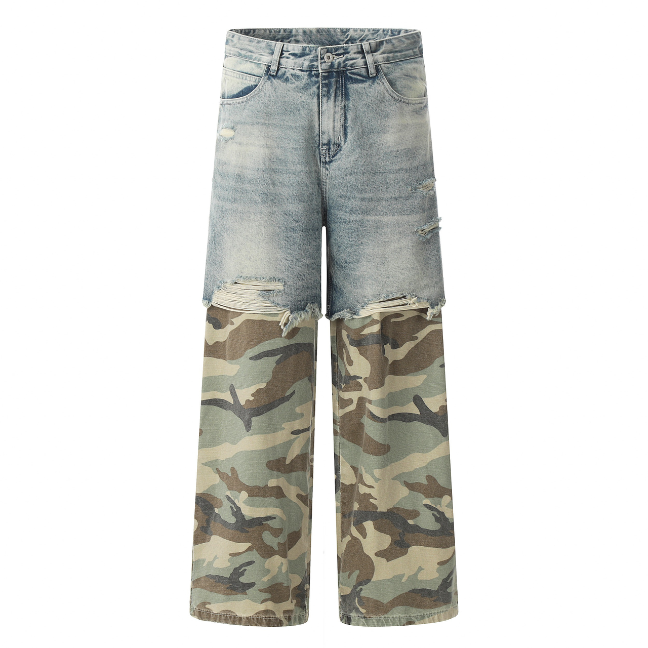 Omirad Hybrid Camo-Denim Patchwork Wide Leg Jeans