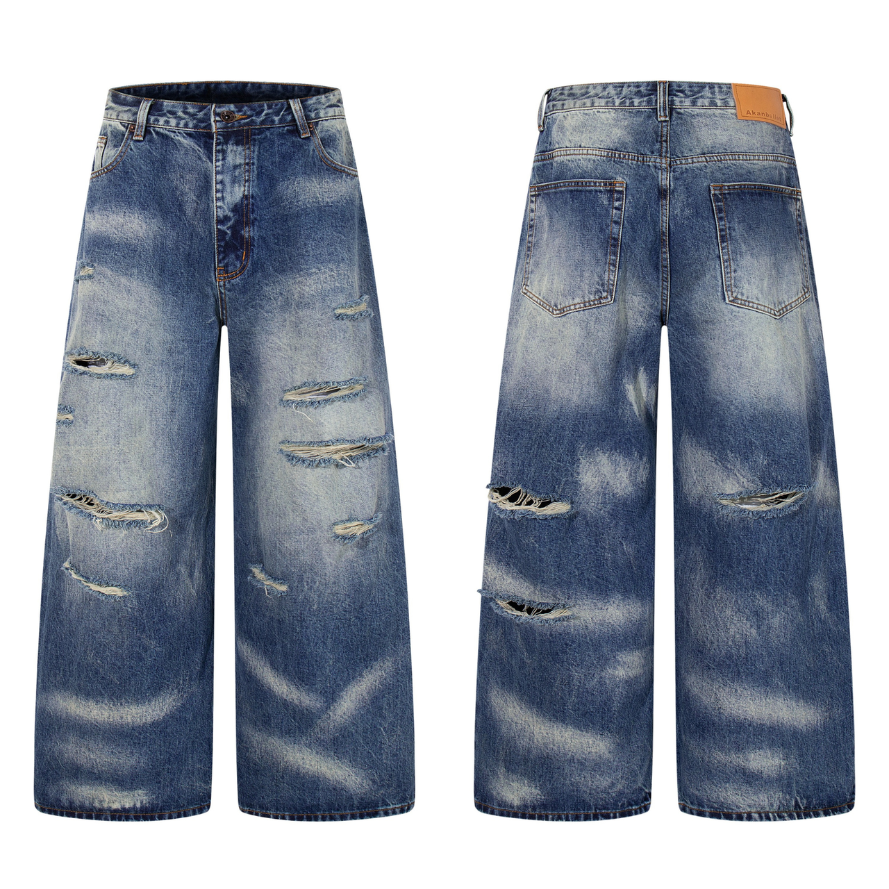 Omirad Heavy-Distress Fade Wide-Leg Jeans