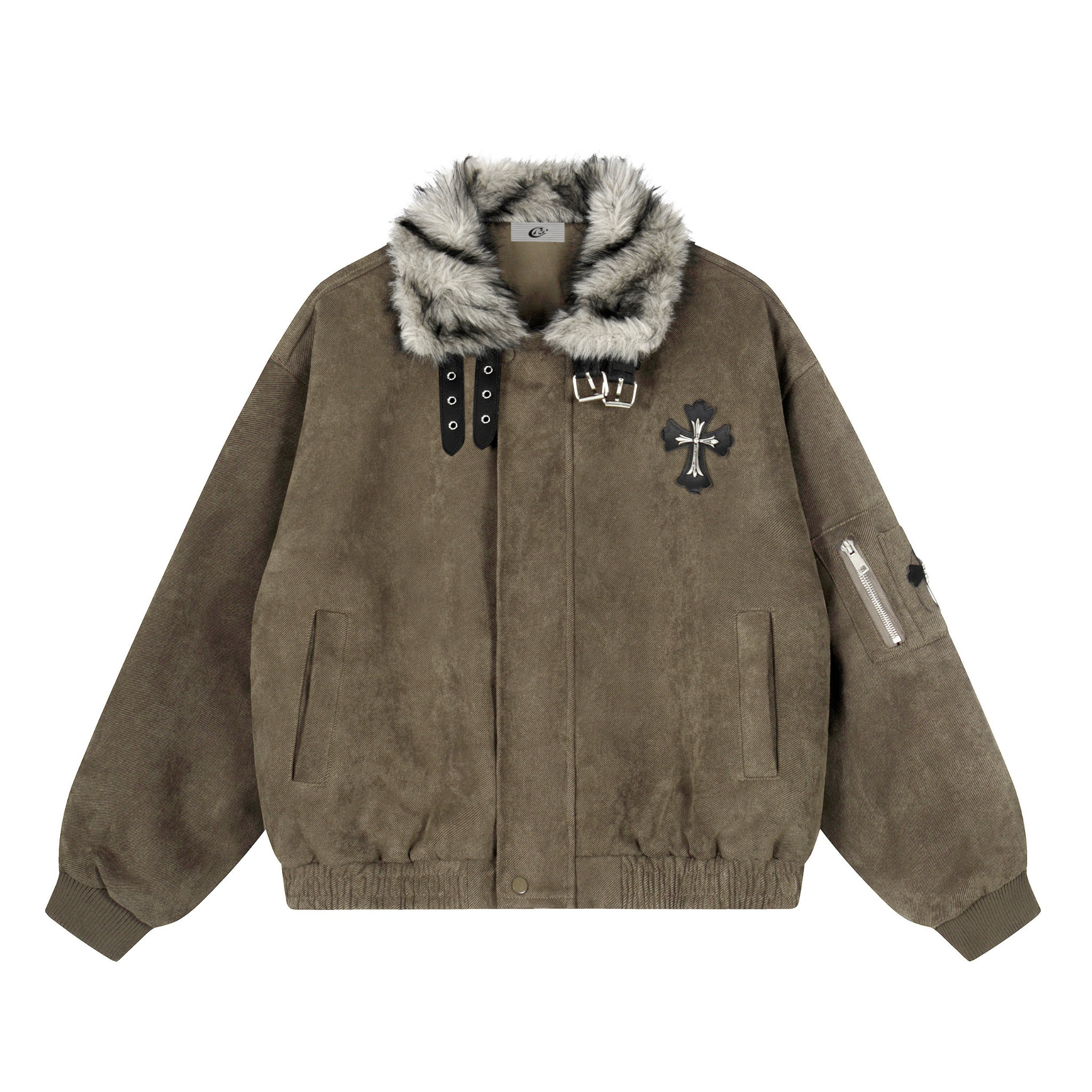 Omirad Faux Fur Collar Suede-Texture Buckle Bomber Jacket - omirad