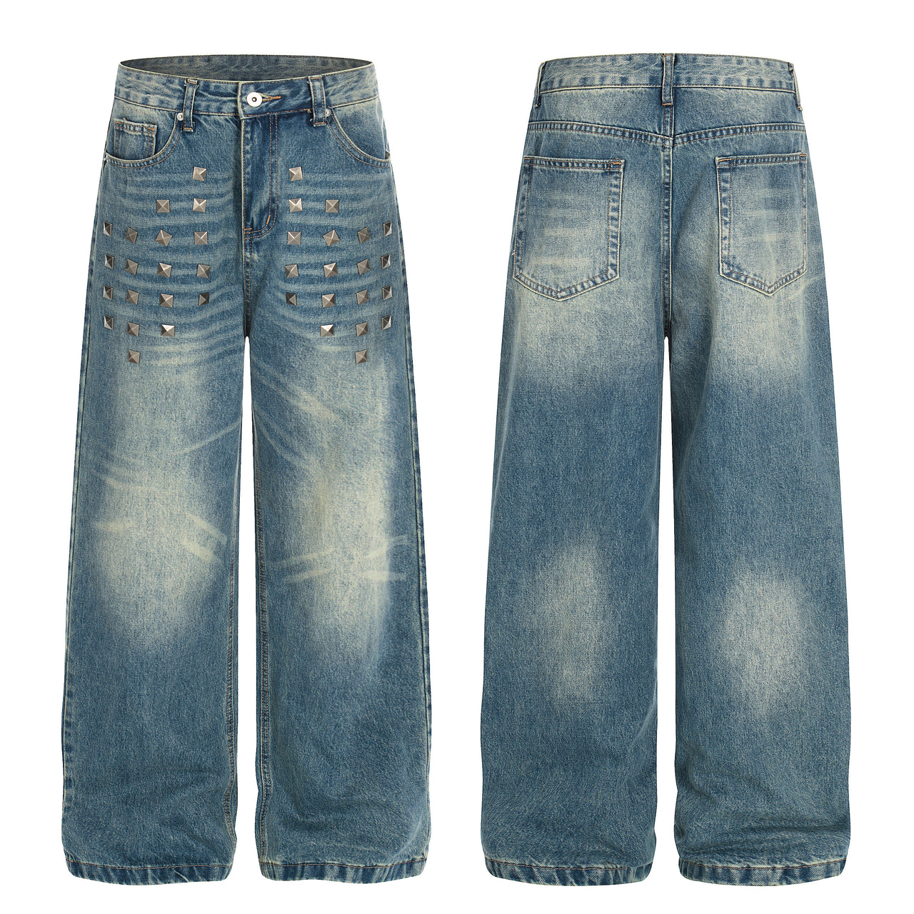 Omirad Studded Wide-Leg Vintage Wash Jeans