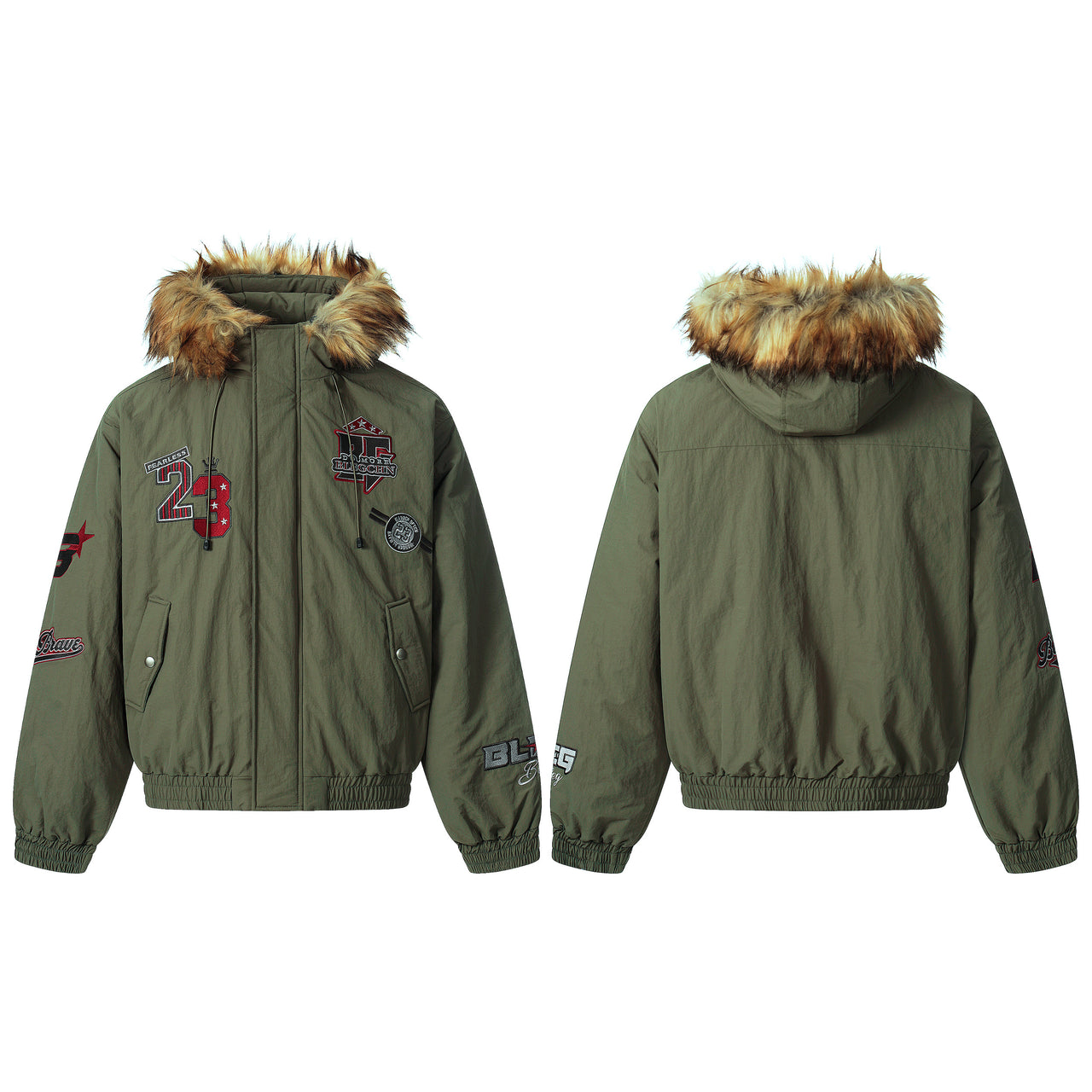 Vintage Faux-Fur-Trim Padded Bomber Jacket