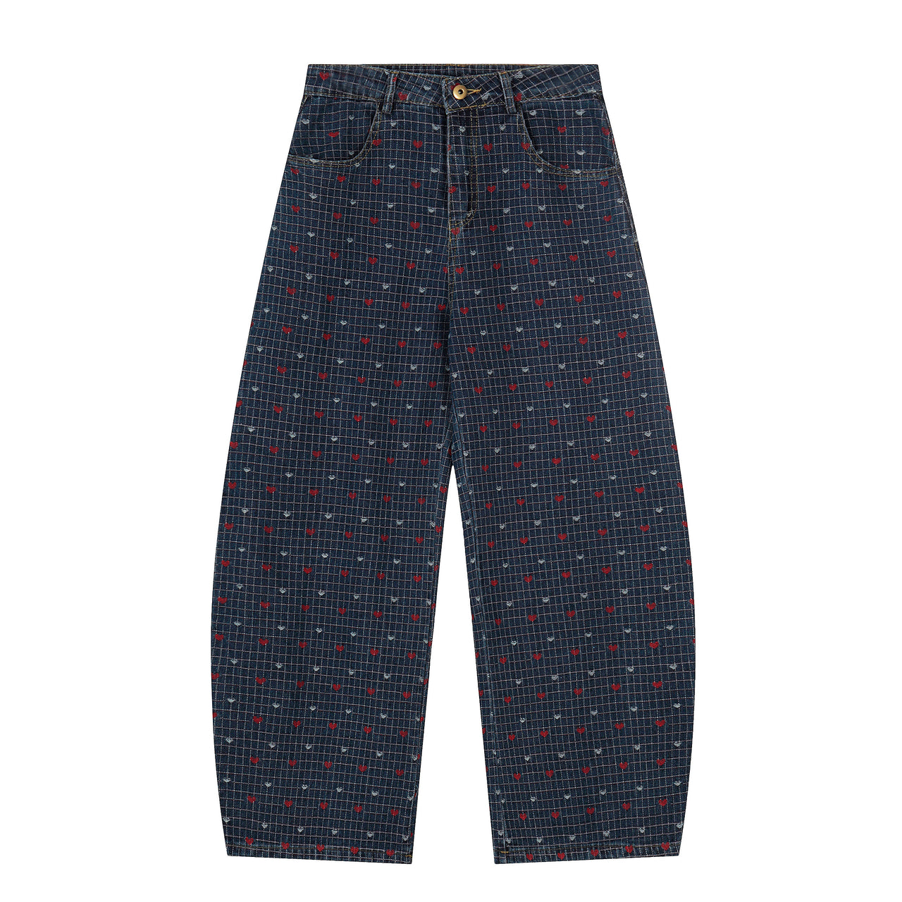High-Street Plaid Heart-Embroidered Jeans