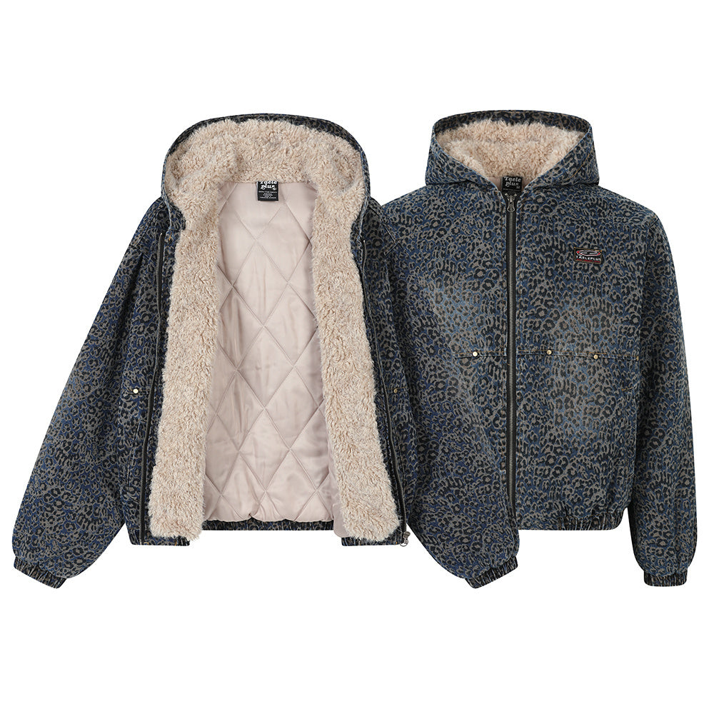 Retro American Blue-Wash Leopard Trim Aviator Quilted Jacket