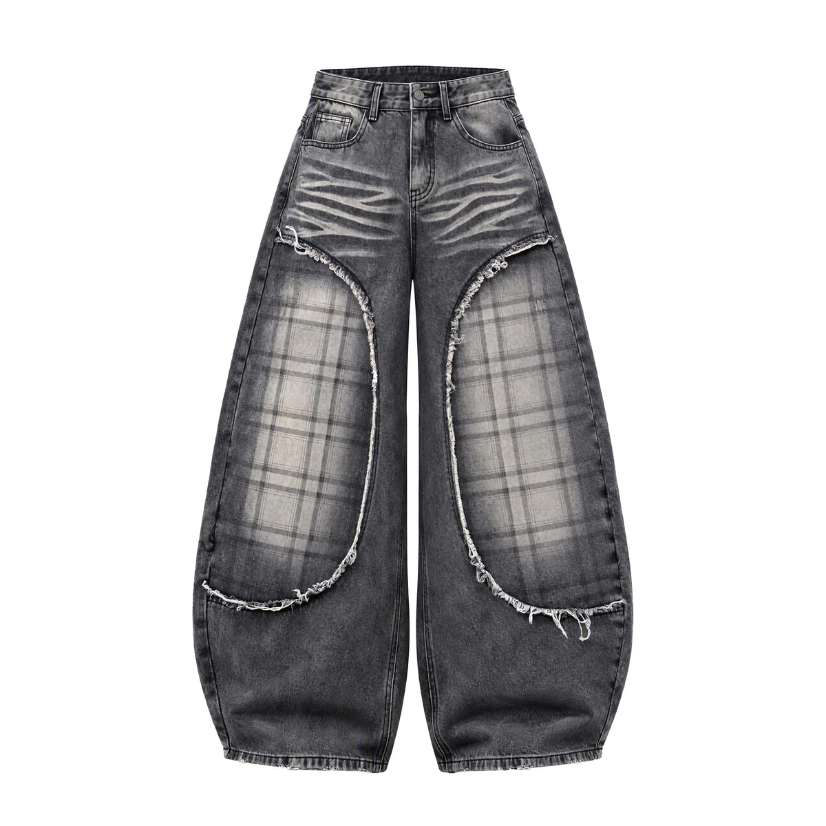 Omirad Plaid Panel Distressed Barrel-Leg Jeans