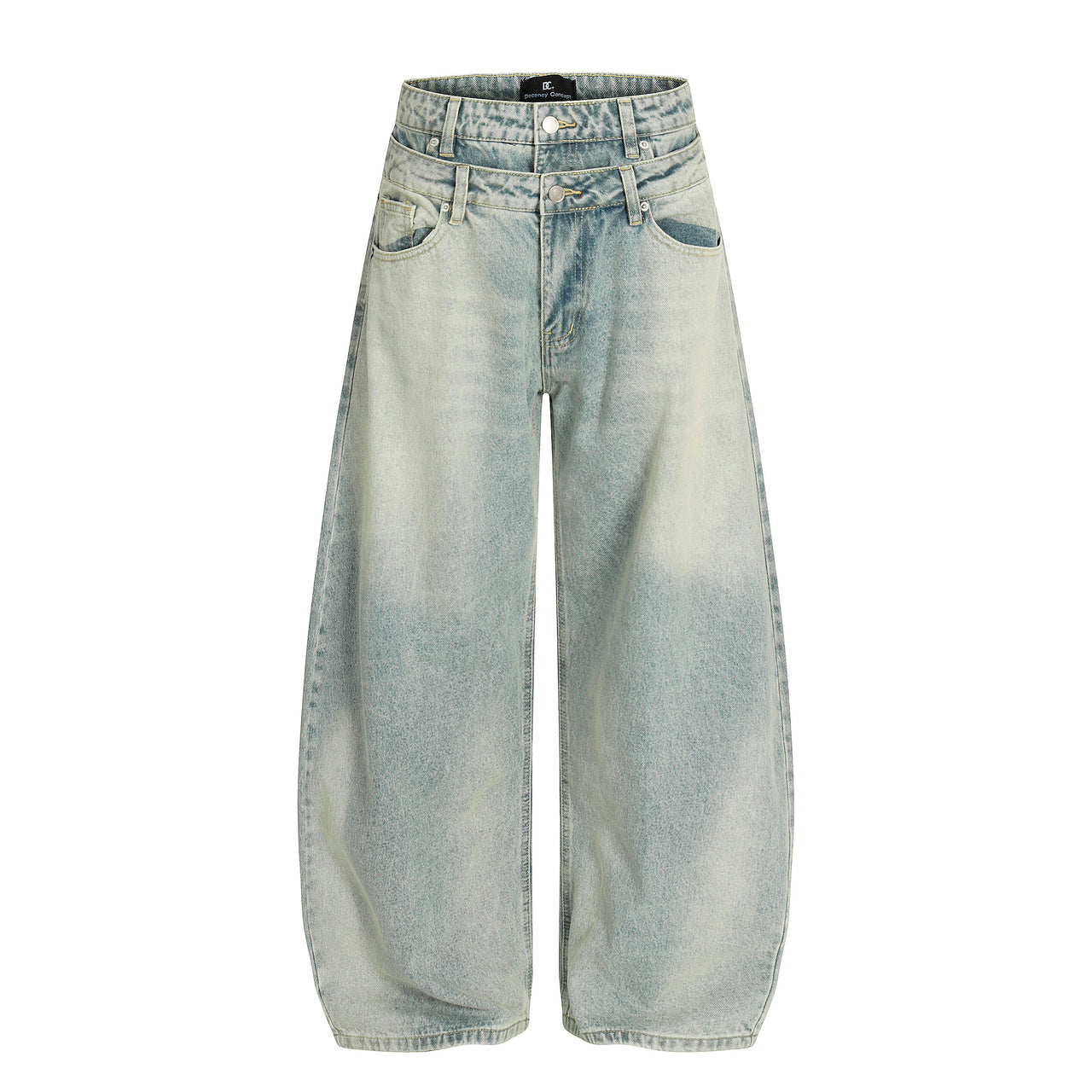 Vintage Double-Waist Curved-Cut Washed Denim Jeans