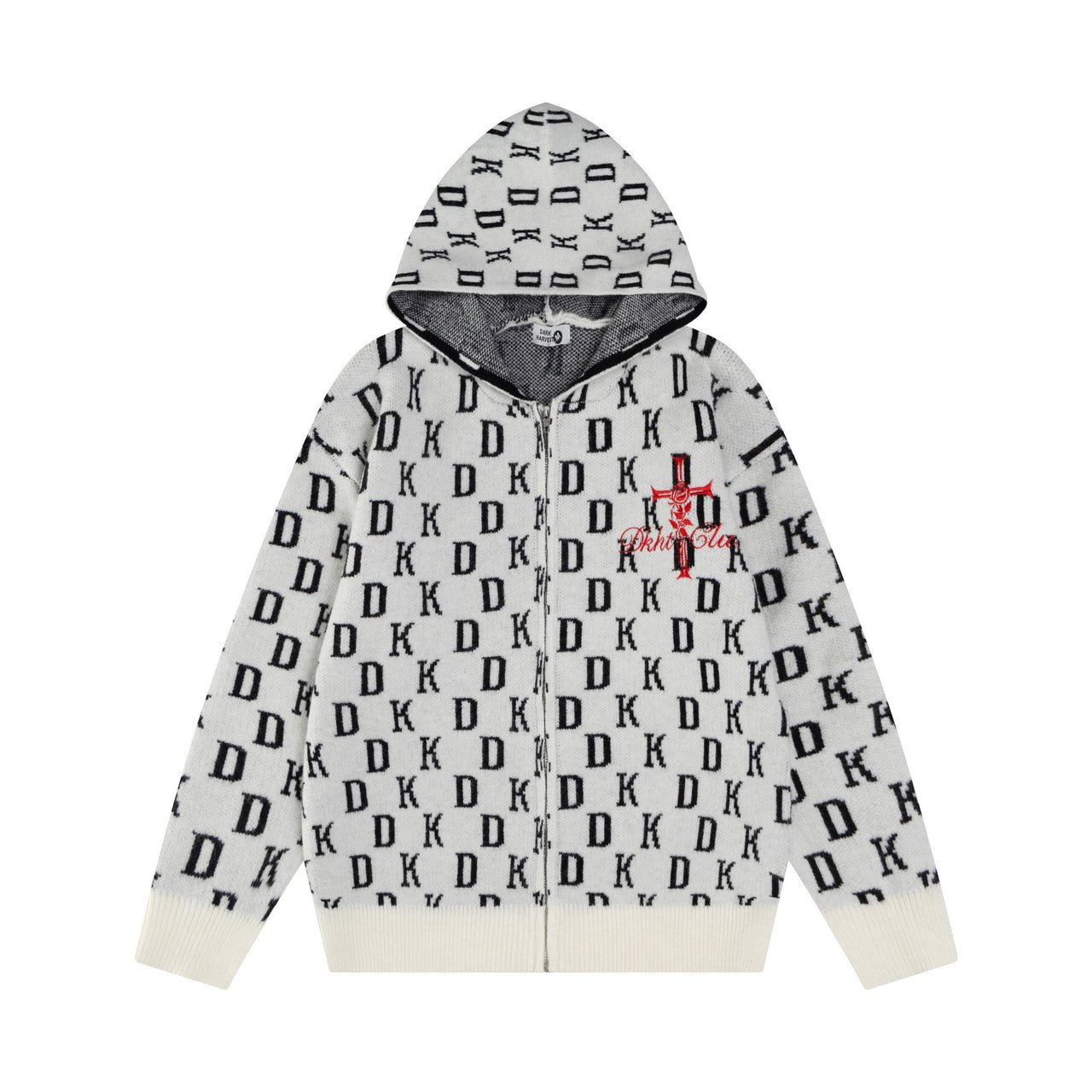 Vintage American Letter Jacquard Zip-Up Hooded Sweater