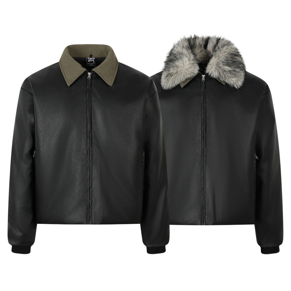 Retro American Detachable Faux Fur Collar Barn-Style Quilted Leather Jacket