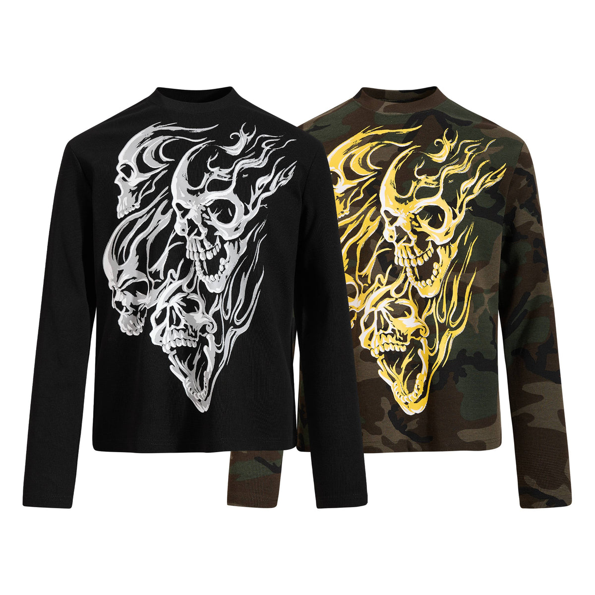 Omirad Flaming Skull Graphic Long Sleeve Tee