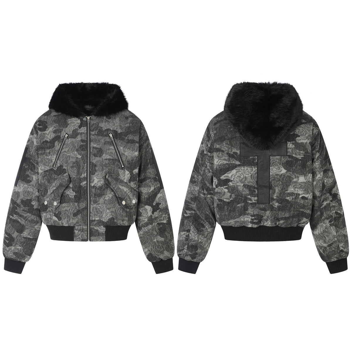 Omirad Rose Camo Fur Collar Bomber Jacket