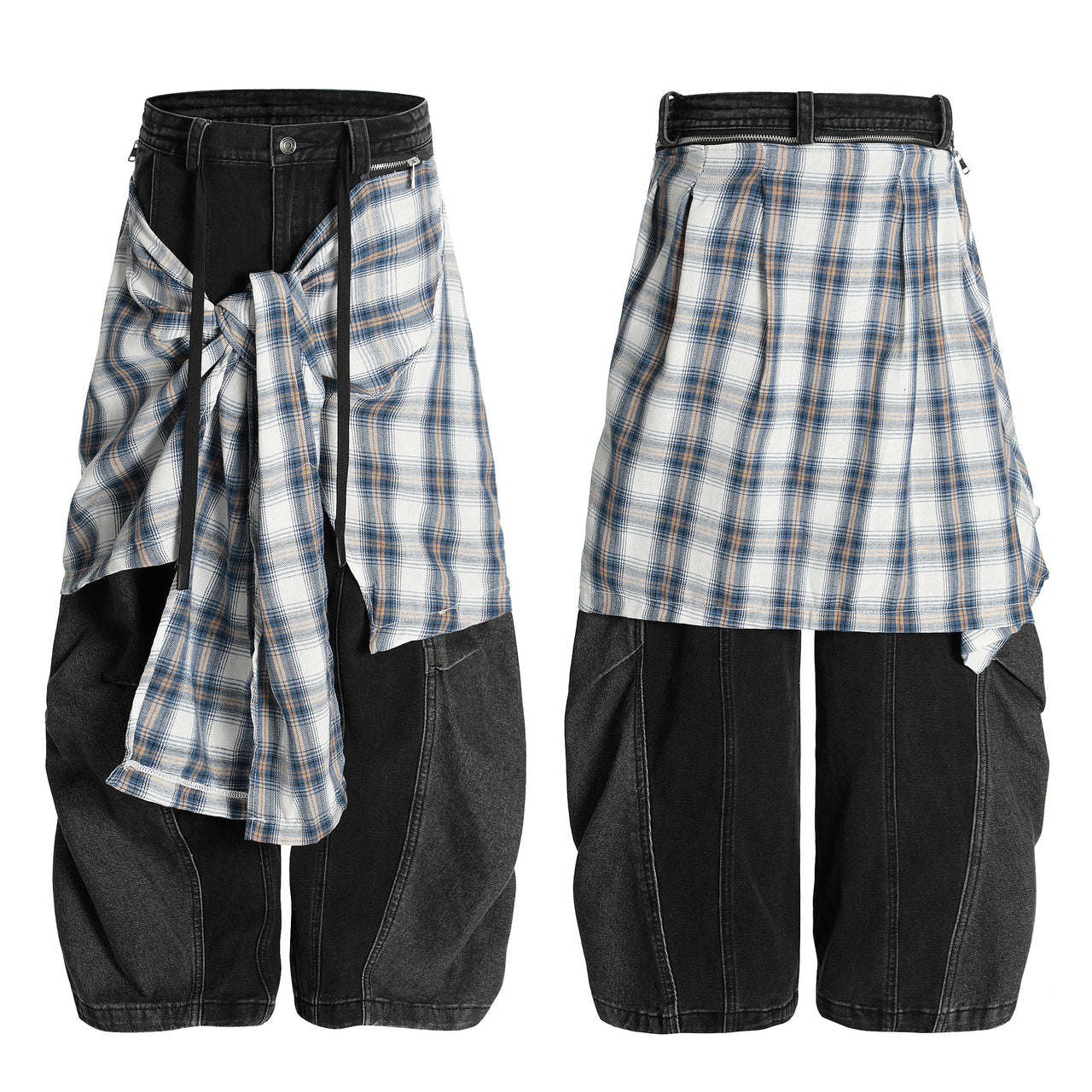 Streetwear Detachable Plaid Flare Curved Blade Jeans