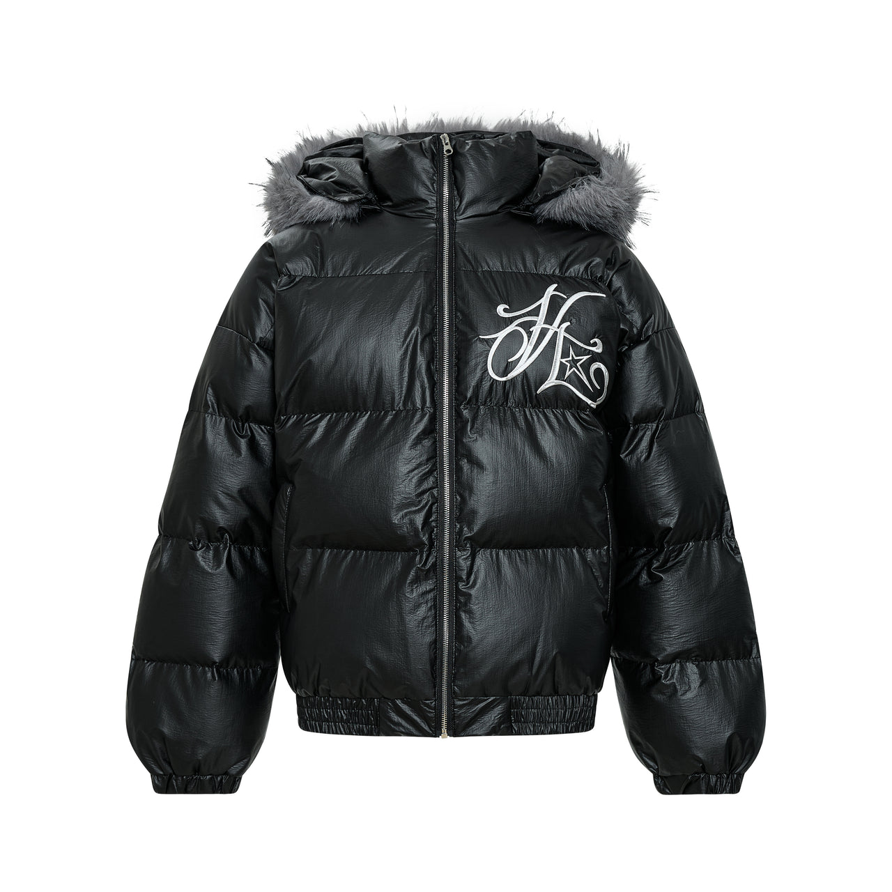 Omirad Shiny Fur-Trim Embroidered Puffer Jacket