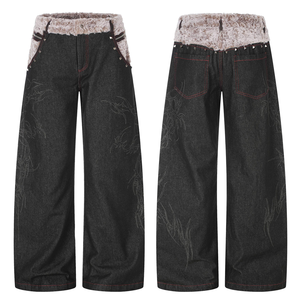 Omirad Faux-Fur Waist Graphic Wide-Leg Jeans
