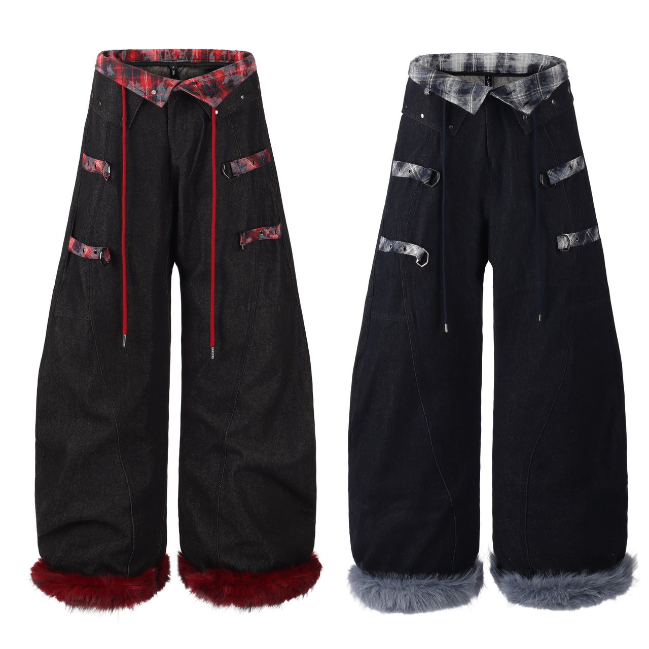 American Streetwear Plaid Patchwork Curved-Cut Jeans