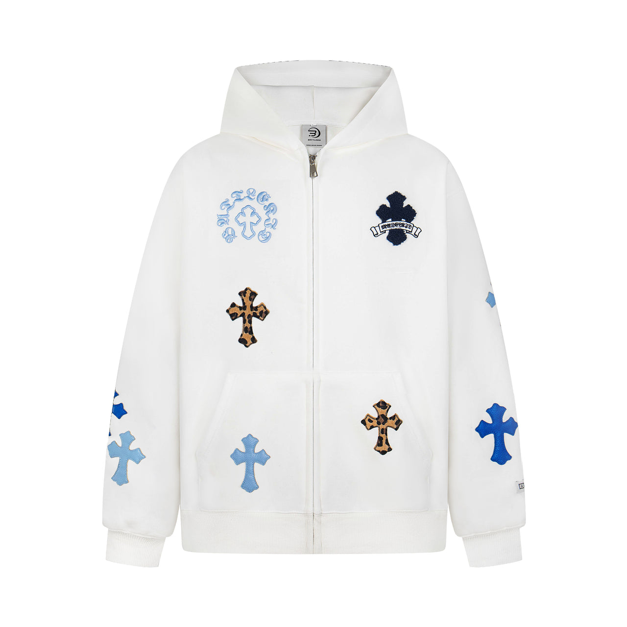 Streetwear Leopard & Sanskrit Color-Block Cross Appliqué Hoodie