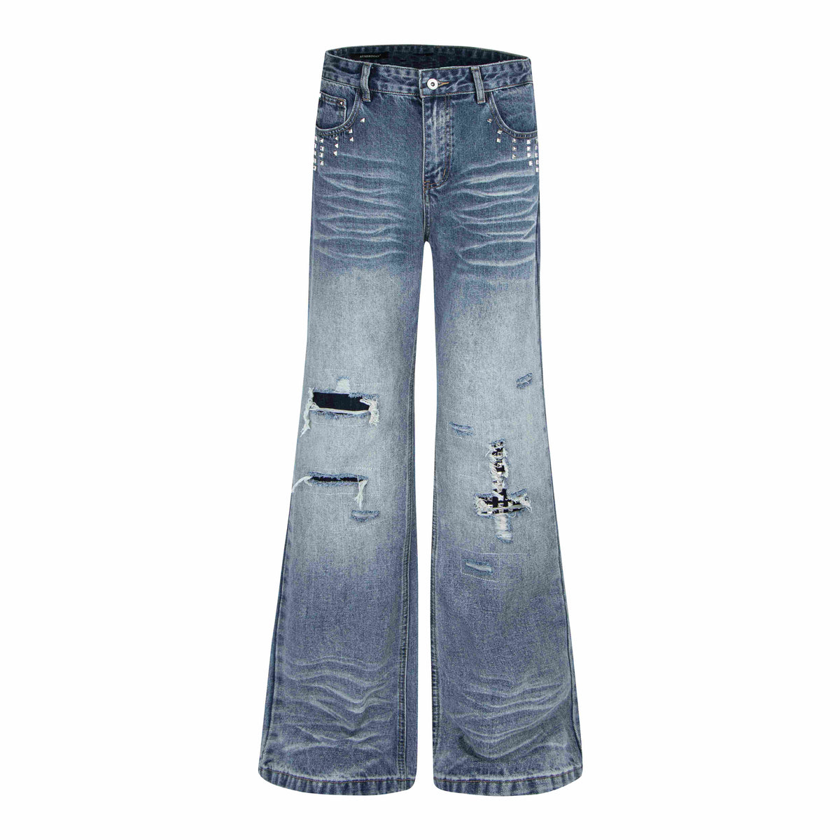 Omirad Distressed Studded Wide-Leg Jeans