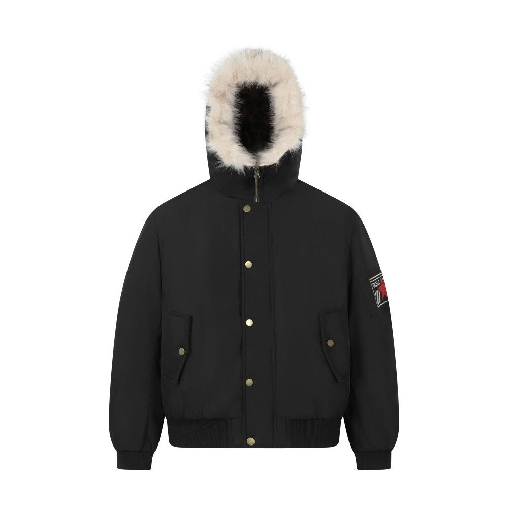 Streetwear Leopard Faux Fur Collar Hooded Aviator Padded Jacket