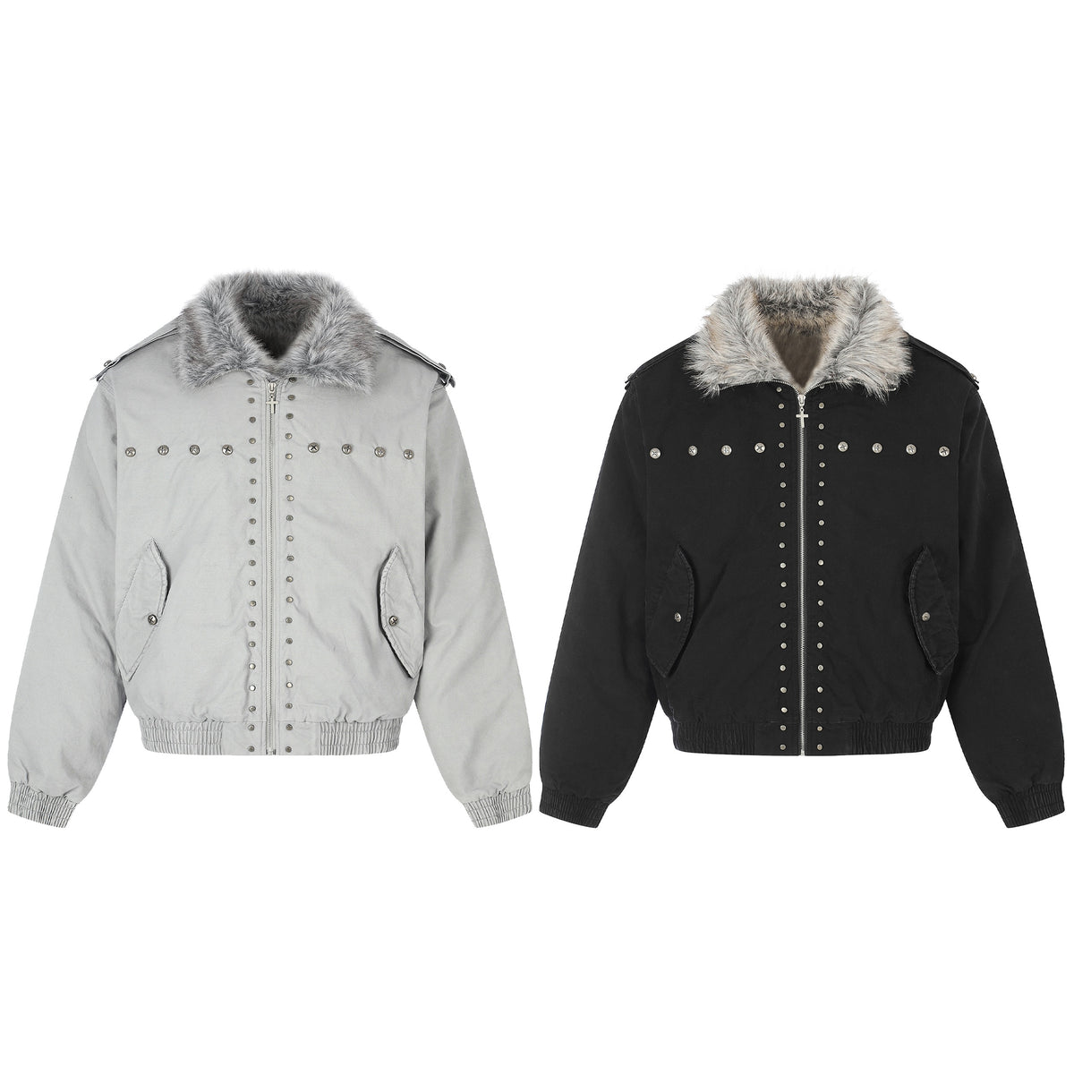 Omirad Faux Fur Collar Studded Bomber Jacket