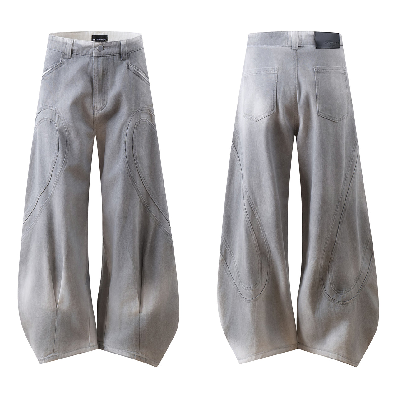 Dirty Patchwork Deconstructed Pleated Curved Blade Jeans