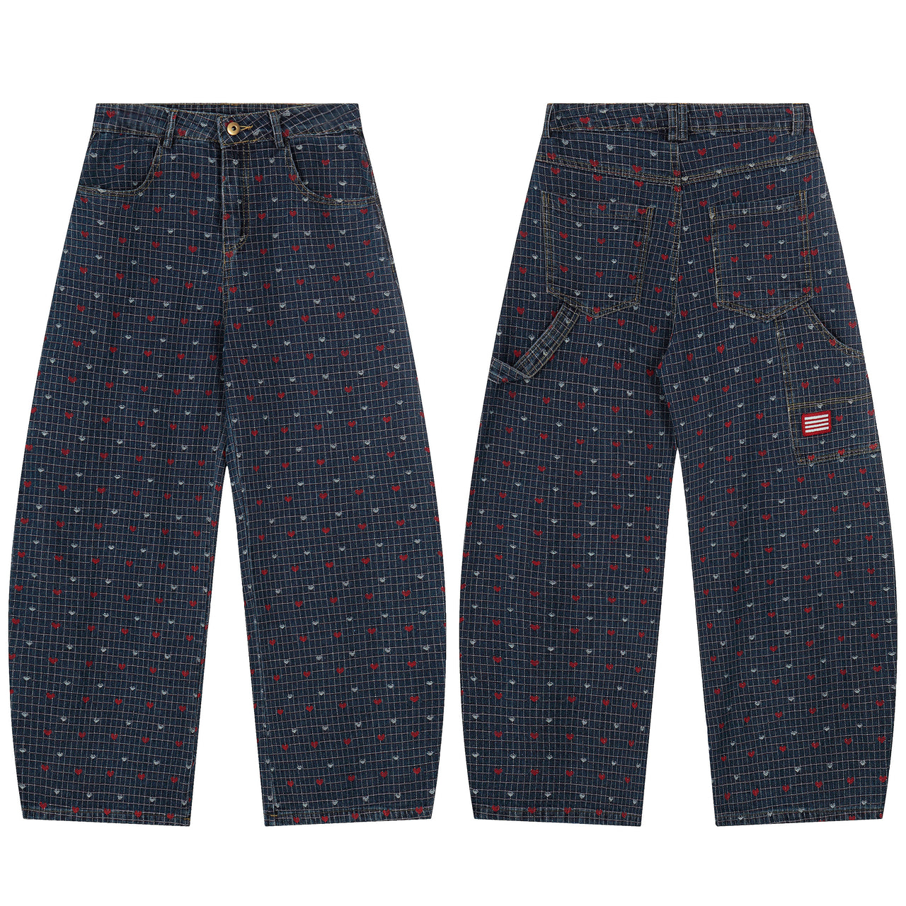 High-Street Plaid Heart-Embroidered Jeans