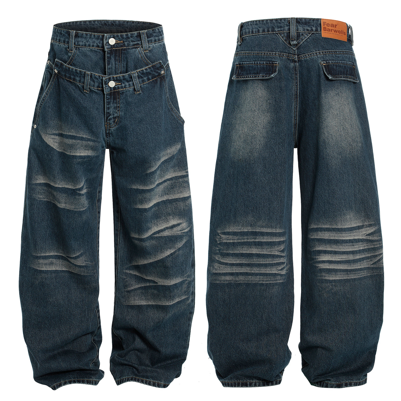 American High Street Double-Waist Design Ribbed Jeans