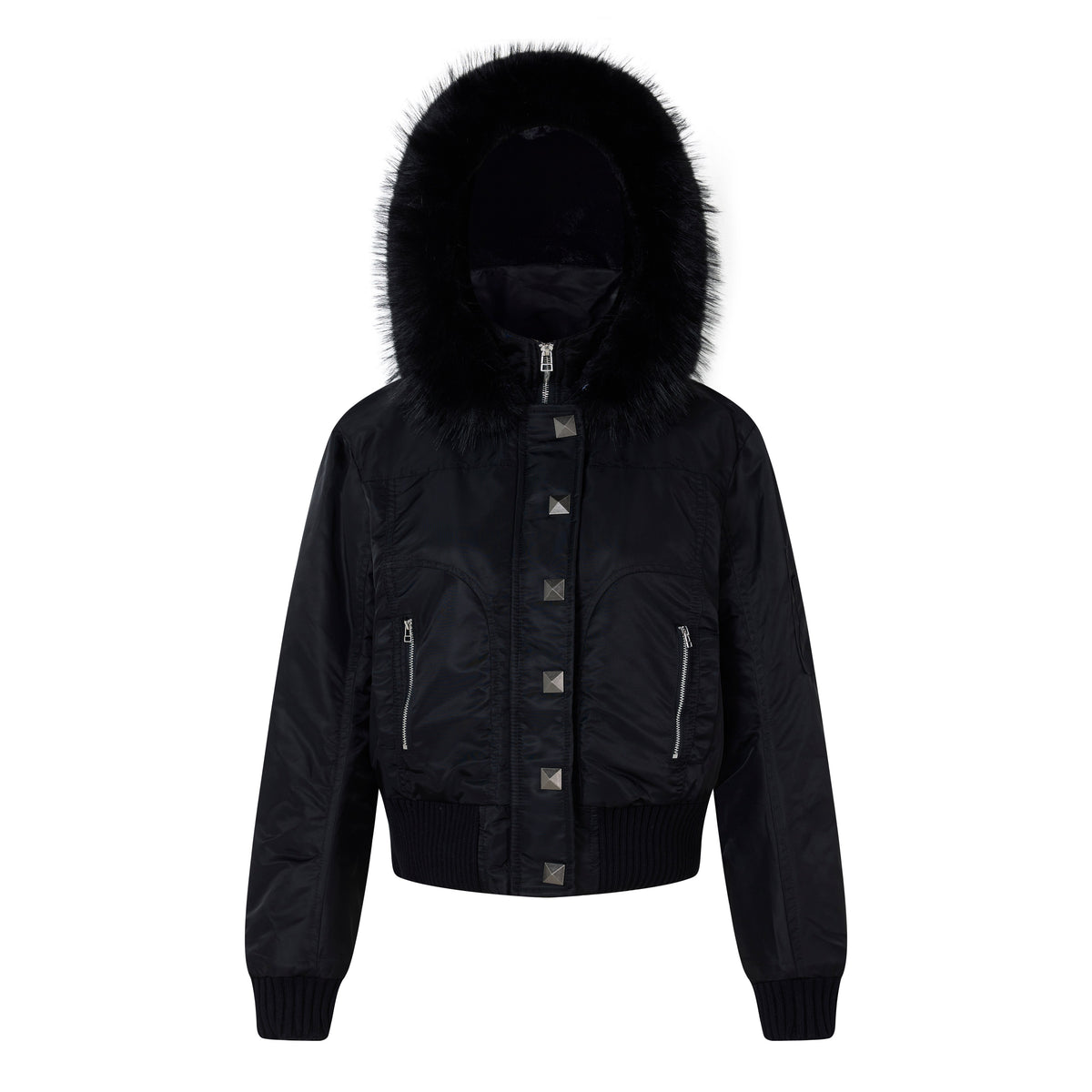 Omirad Faux Fur Hooded Studded Bomber Jacket