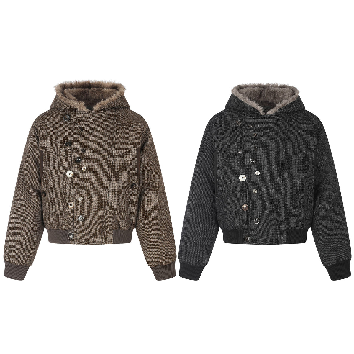 Omirad Faux Fur Hood Multi-Button Bomber Jacket