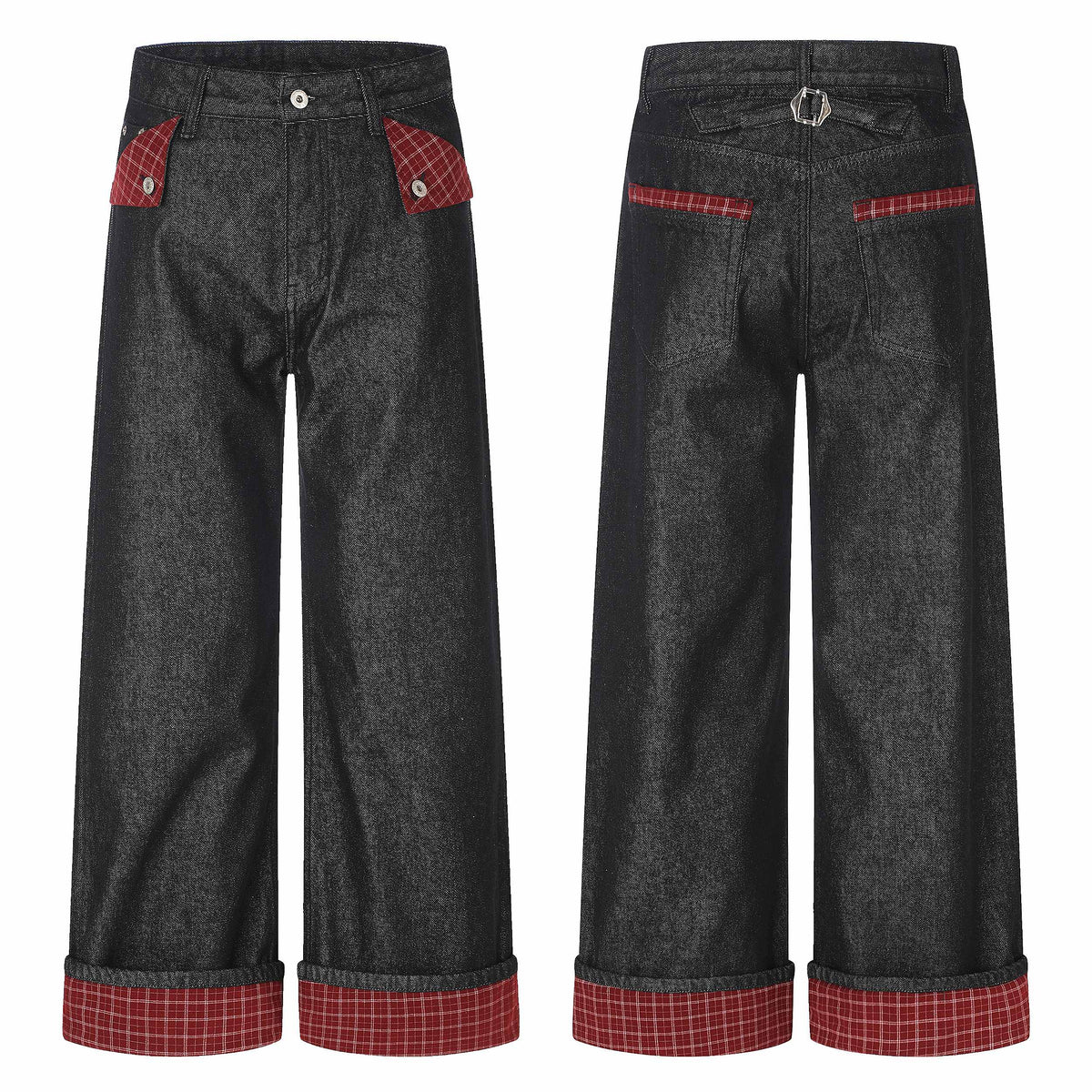 Omirad Plaid Panel Cuff Wide-Leg Jeans