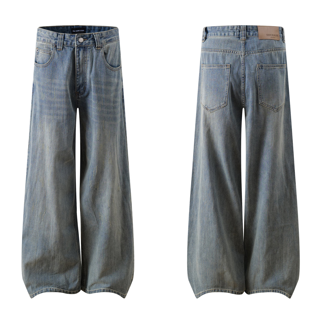 Handcrafted Distressed Design Bamboo-Style Casual Wide-Leg Jeans