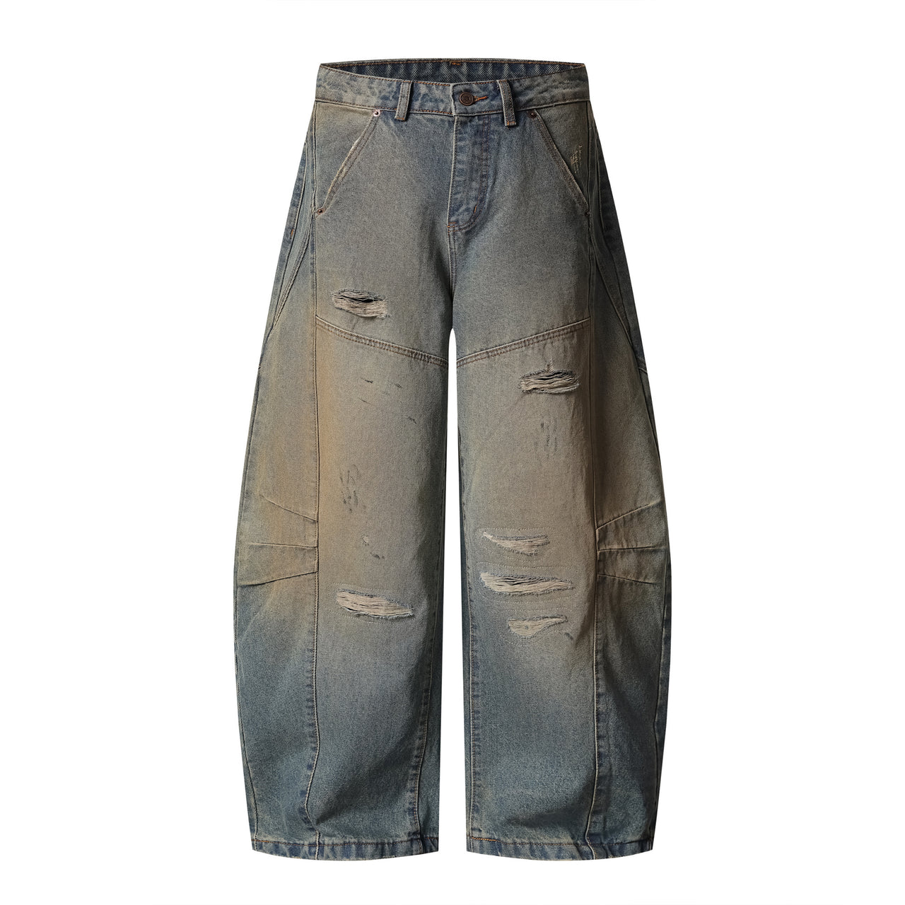 Vintage Distressed Clay-Dyed Washed Curved-Cut Jeans