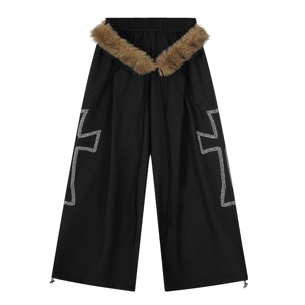 High-Street Detachable Faux-Fur Trim Rhinestone Cross Casual Pants