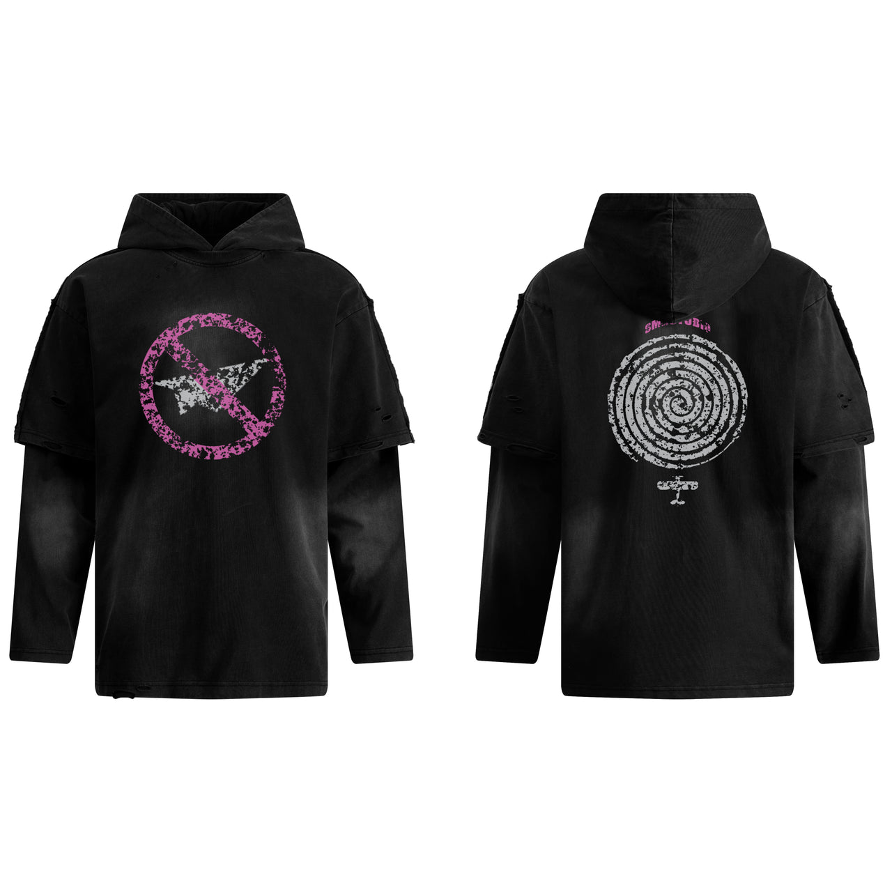 American Streetwear Fake Two-Piece Distressed Hoodie