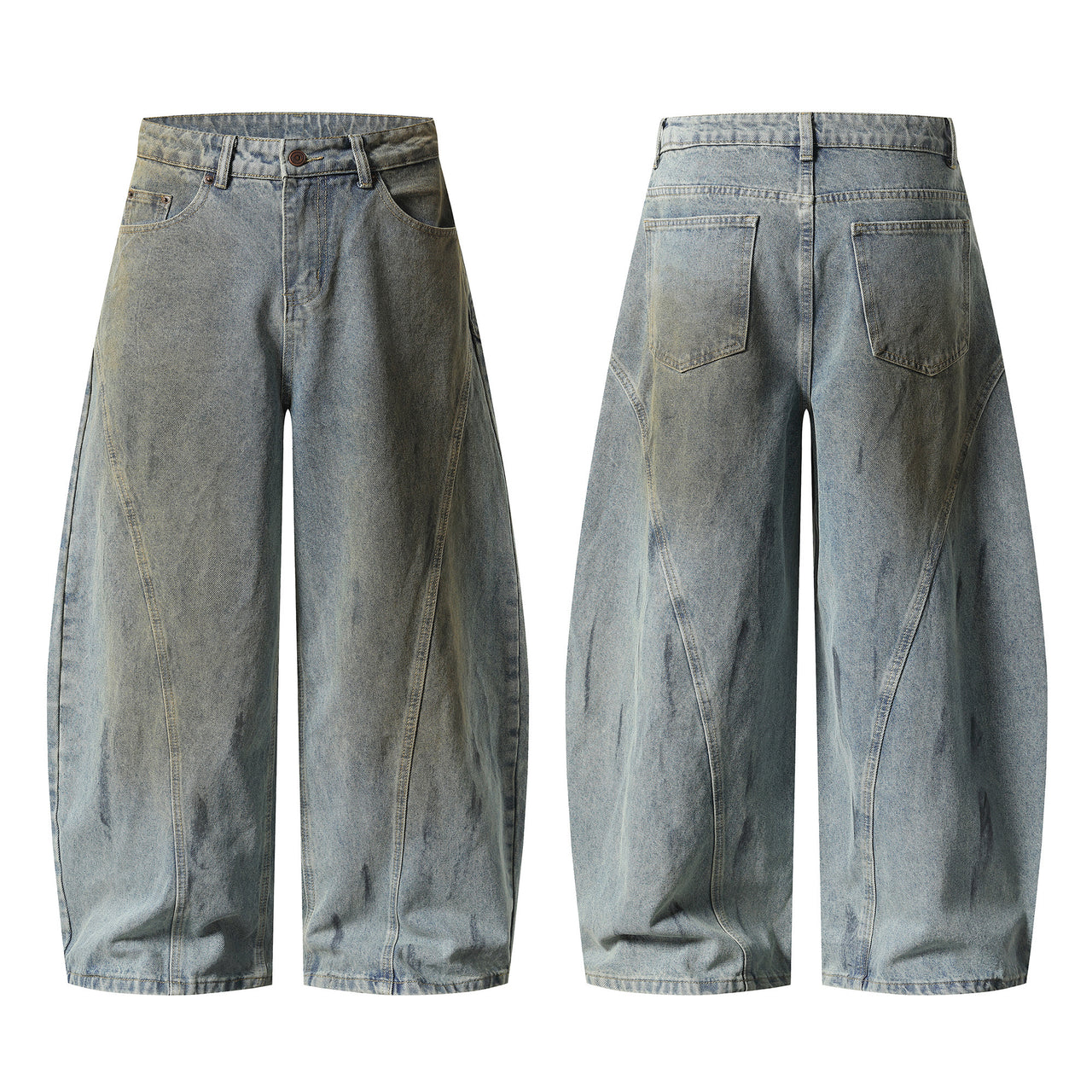 Streetwear Dirty Wash Patchwork Curved Jeans