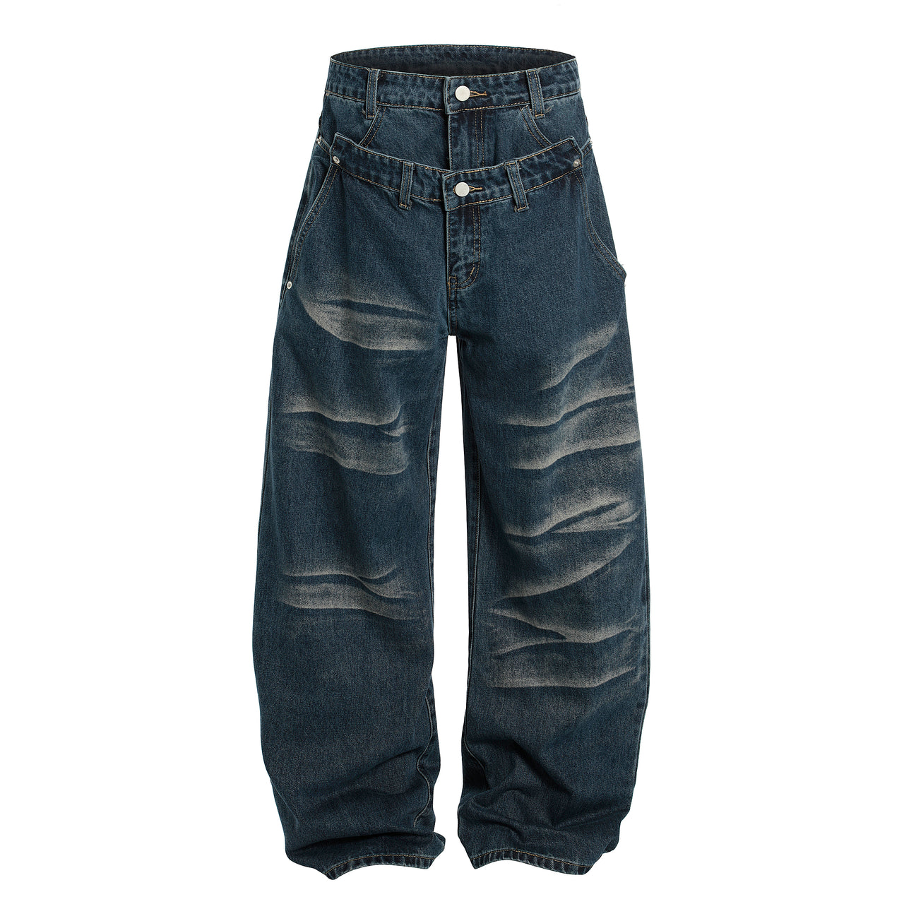 American High Street Double-Waist Design Ribbed Jeans
