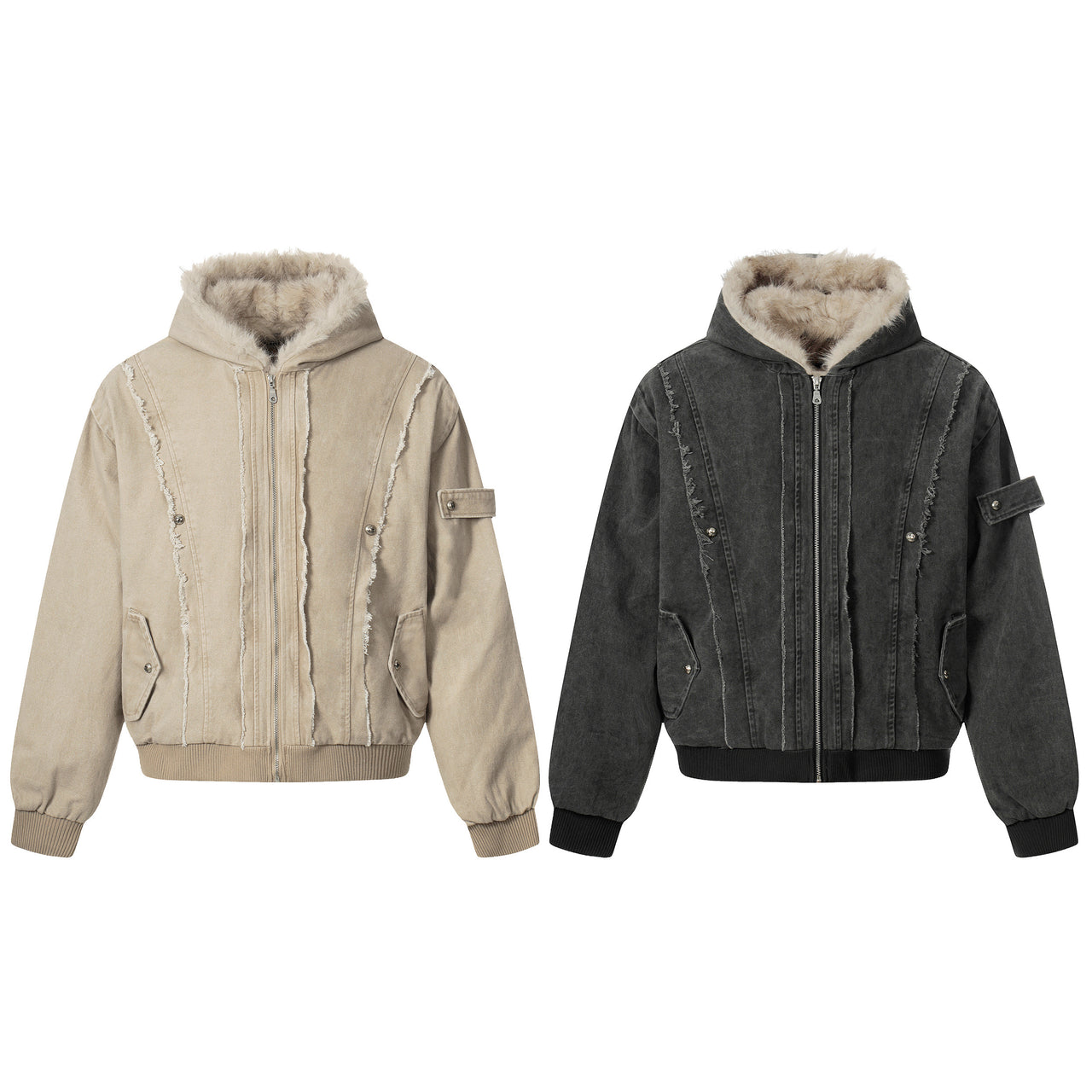 Vintage Washed Raw-Edge Shearling-Collar Hooded Jacket