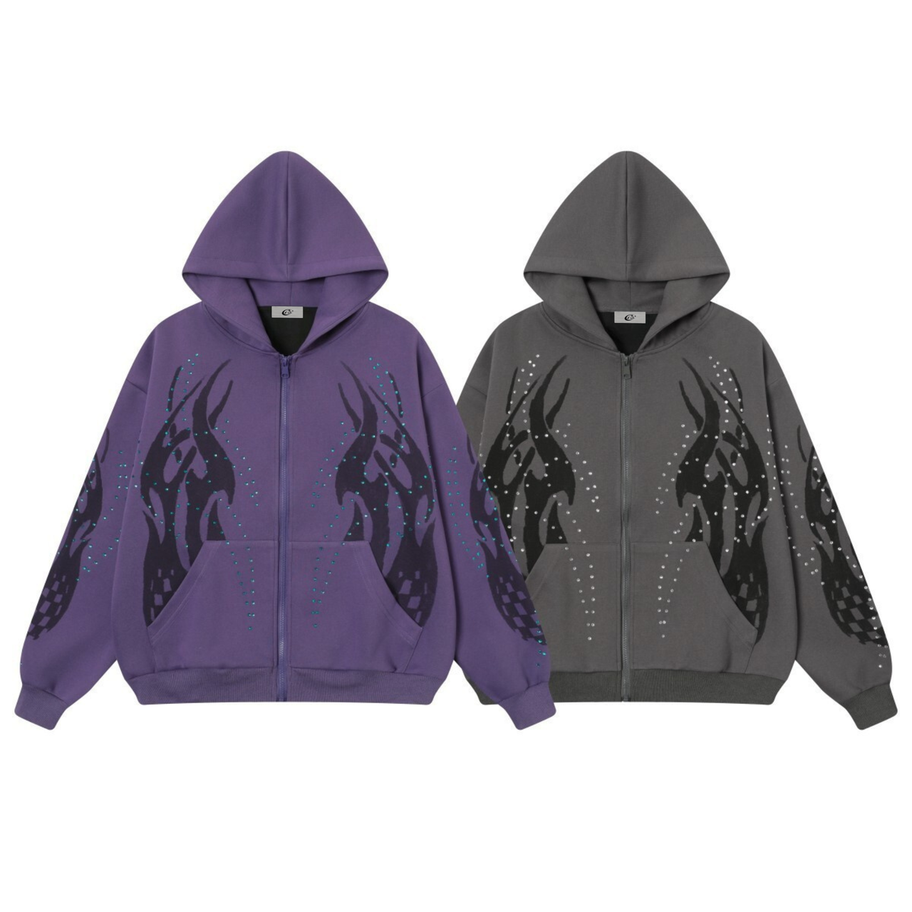 Omirad Flame Print Rhinestone Zip-Up Hoodie