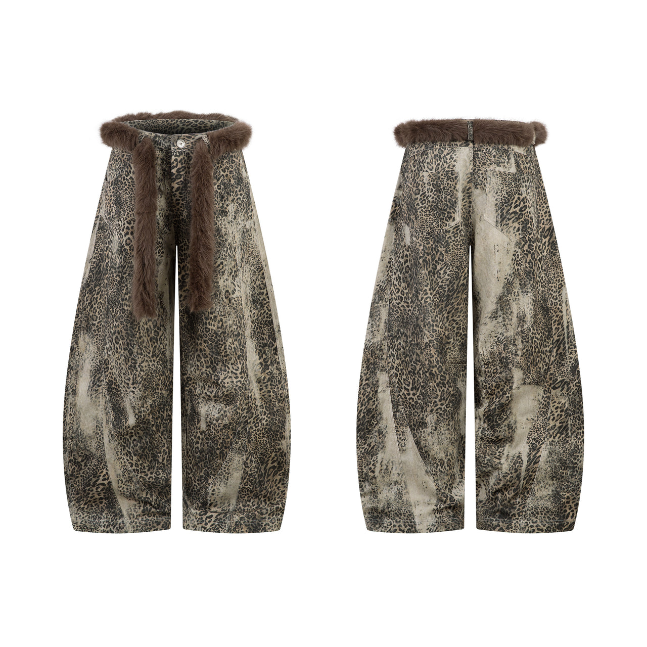Omirad Furry Trim Leopard Wide-Leg Pants